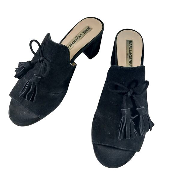 KARL LAGERFELD! BLACK GENUINE SUEDE LEATHER BOW & TASSEL PEEP TOE MULES! SZ 8M - Picture 3 of 10